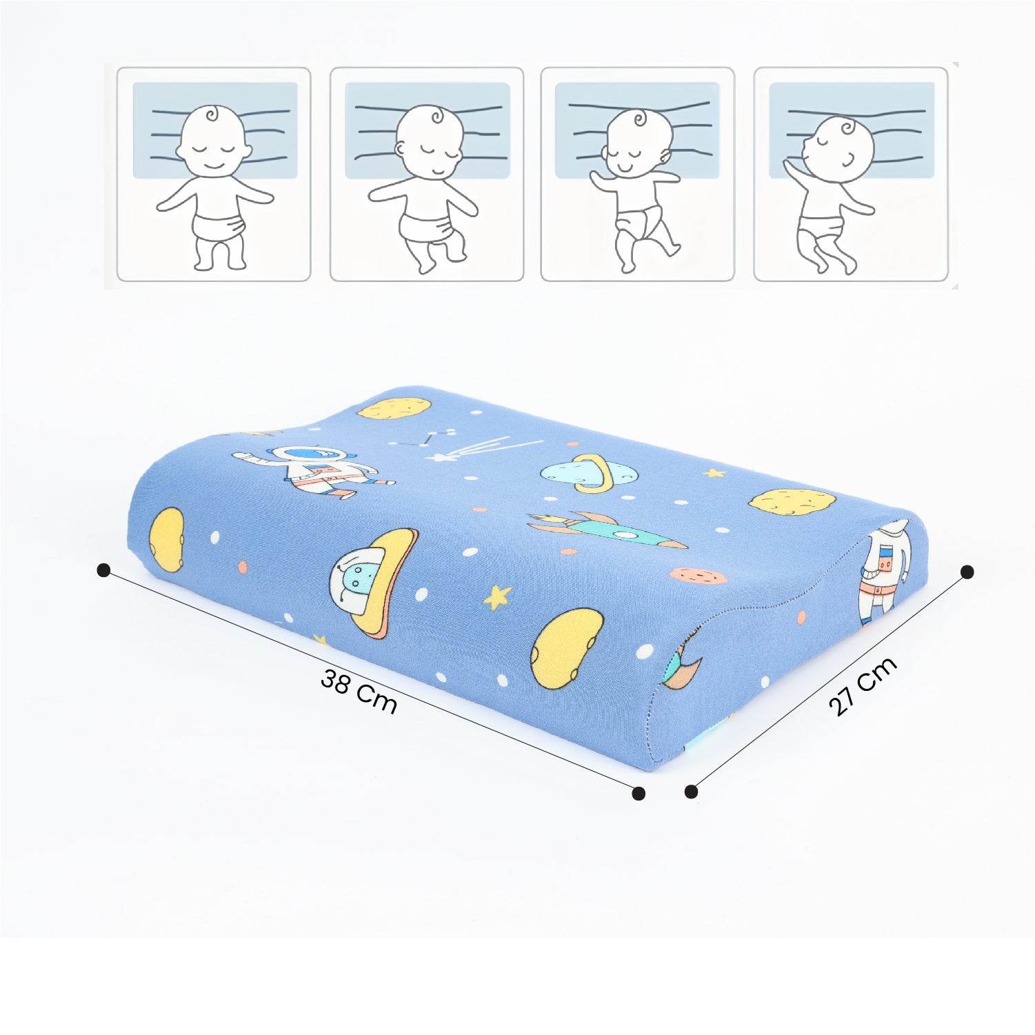 Kids Memory Foam Pillow with Breathable Blue Cover Soft & Ergonomic Support 38x27cm