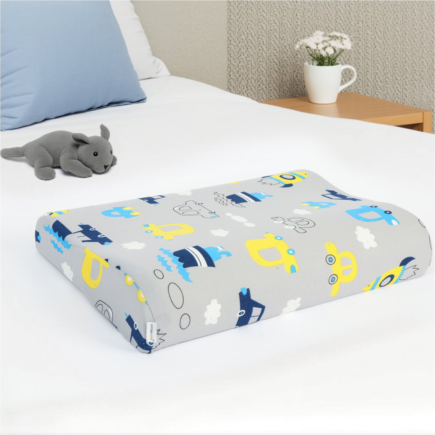 Kids Memory Foam Pillow with Breathable Grey Cover Soft & Ergonomic Support 38x27cm