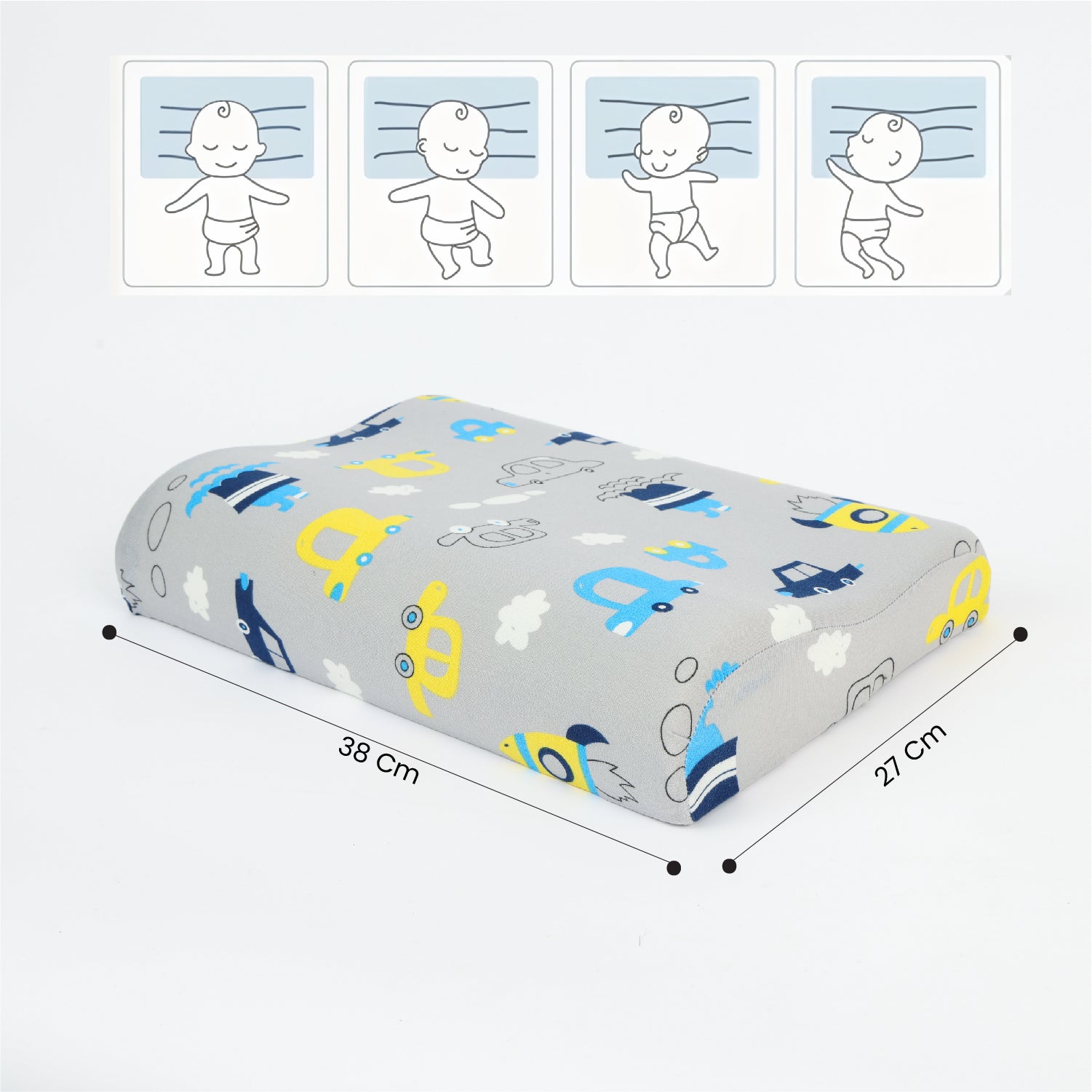 Kids Memory Foam Pillow with Breathable Grey Cover Soft & Ergonomic Support 38x27cm