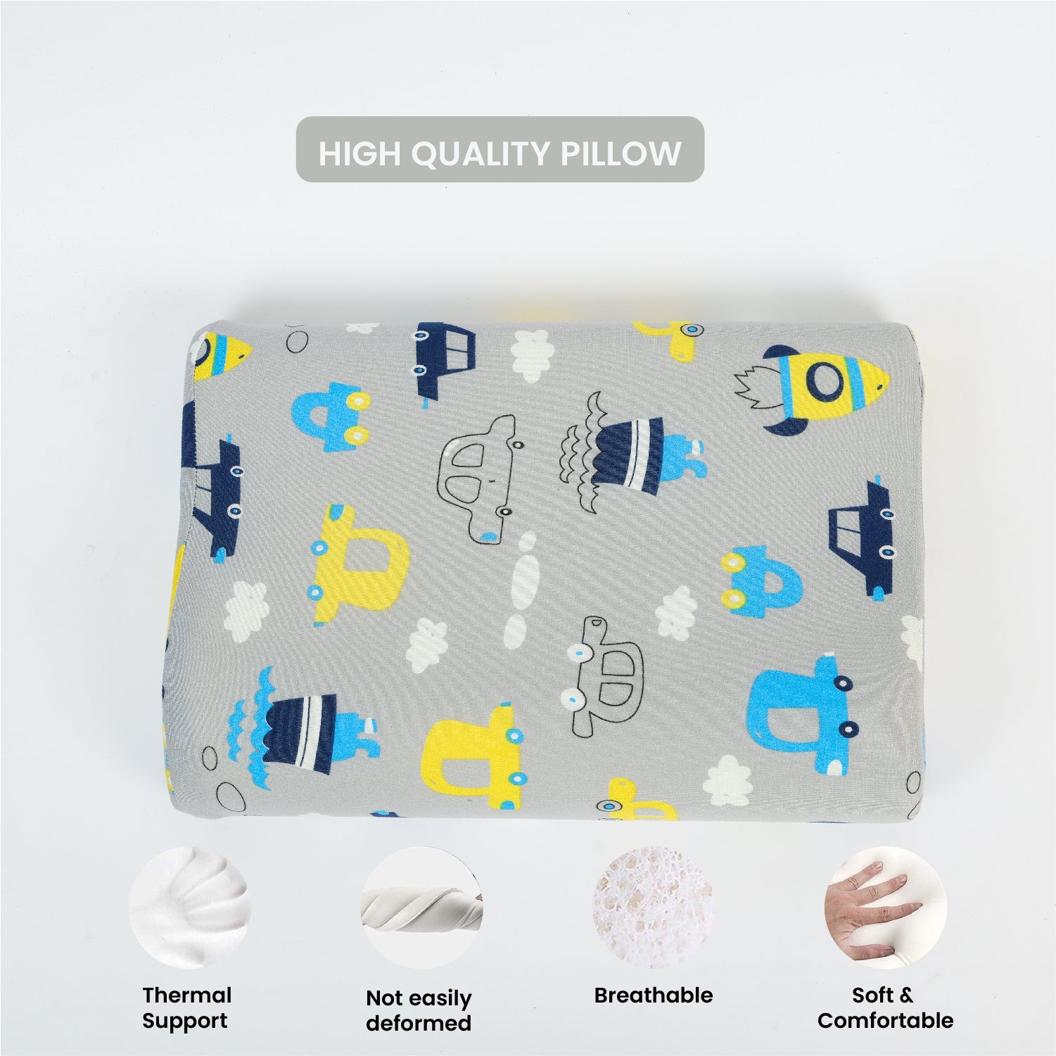Kids Memory Foam Pillow with Breathable Grey Cover Soft & Ergonomic Support 38x27cm