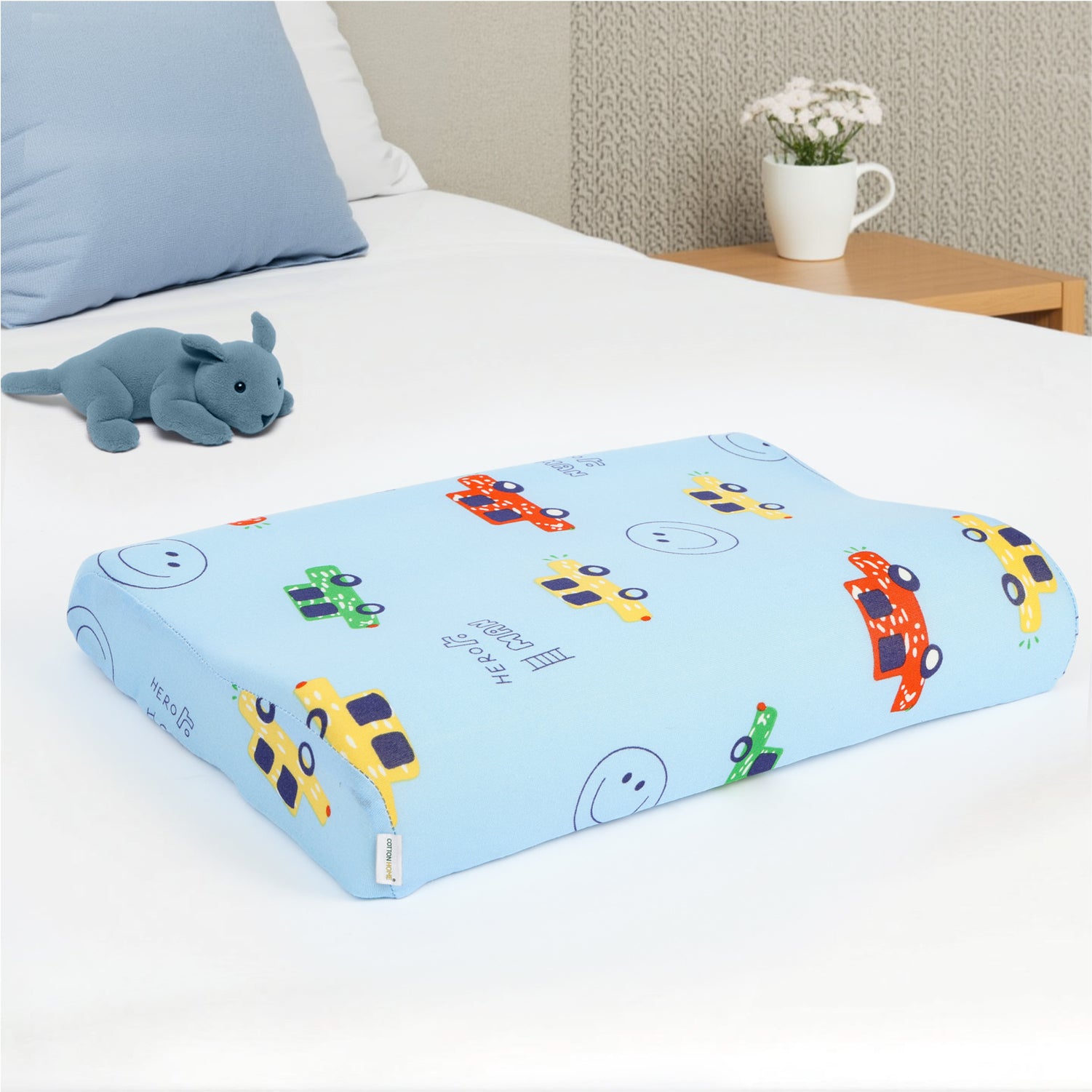 Kids Memory Foam Pillow with Breathable Light Blue Cover Soft & Ergonomic Support 38x27cm