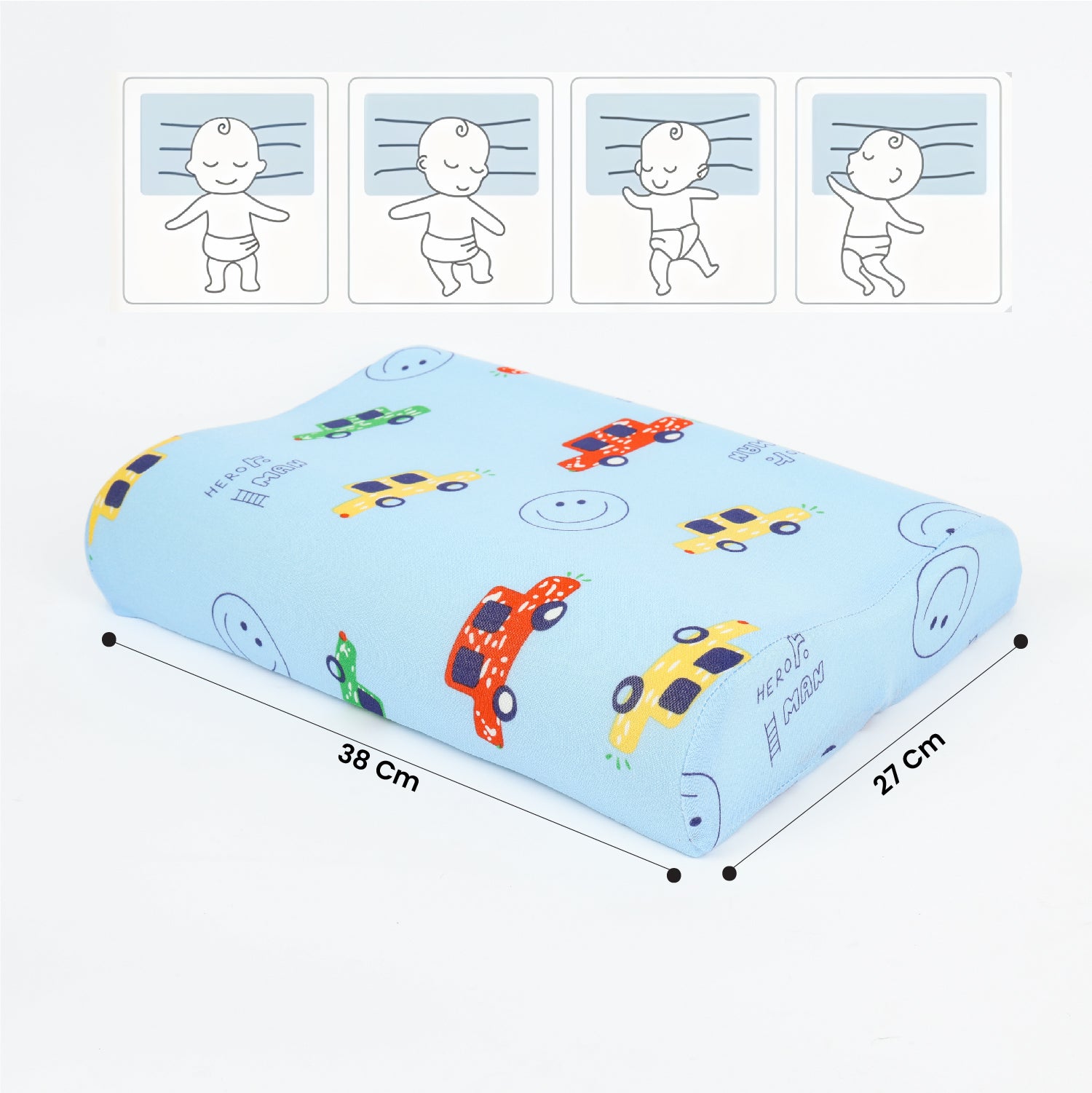 Kids Memory Foam Pillow with Breathable Light Blue Cover Soft & Ergonomic Support 38x27cm