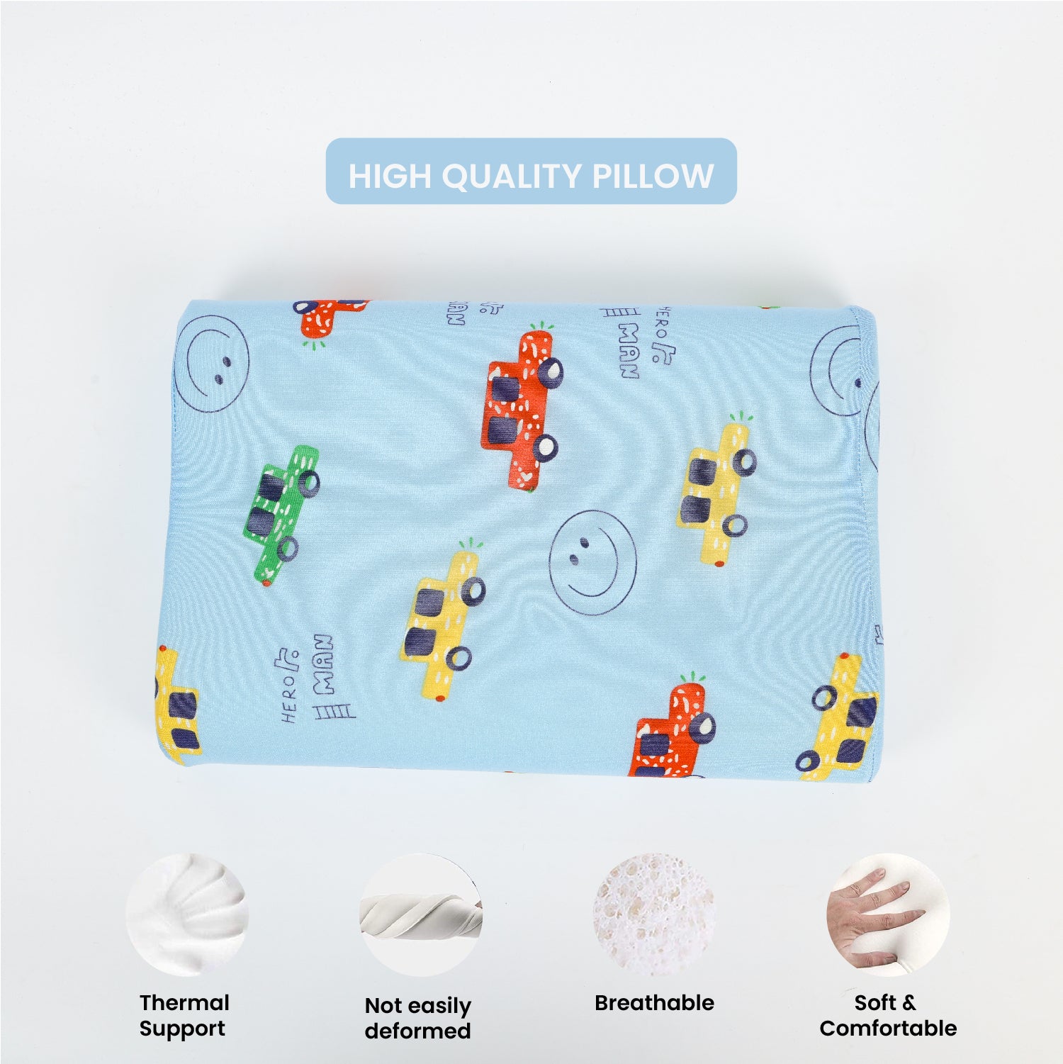 Kids Memory Foam Pillow with Breathable Light Blue Cover Soft & Ergonomic Support 38x27cm