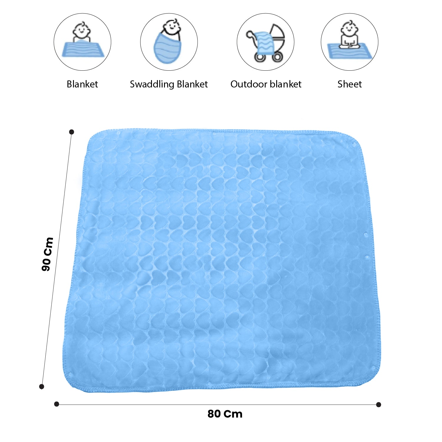 Baby Breathable Swaddle Blanket – Ultra Soft, Lightweight & Cozy Plush with Embossed Hearts, 90x80cm Blue