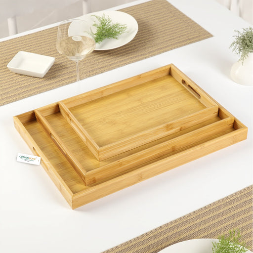 Bamboo Serving Tray Set of 3 Rectangular Wooden Trays with Handles - Cotton Home
