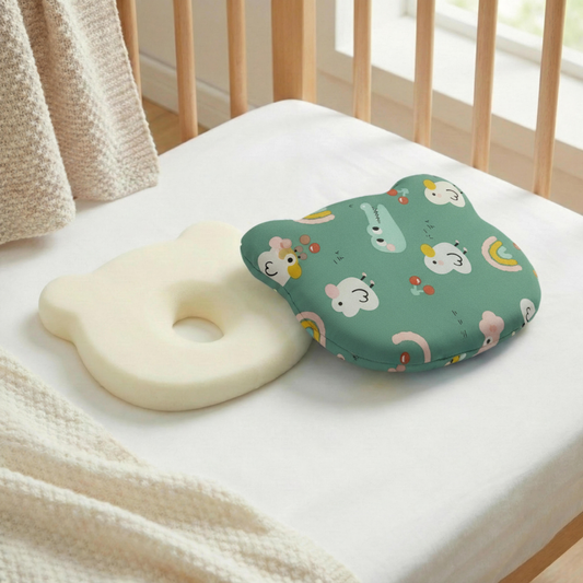 Memory Foam Baby Pillow Pack of 2  Soft Cotton Removable Cover 25x20 cm Green