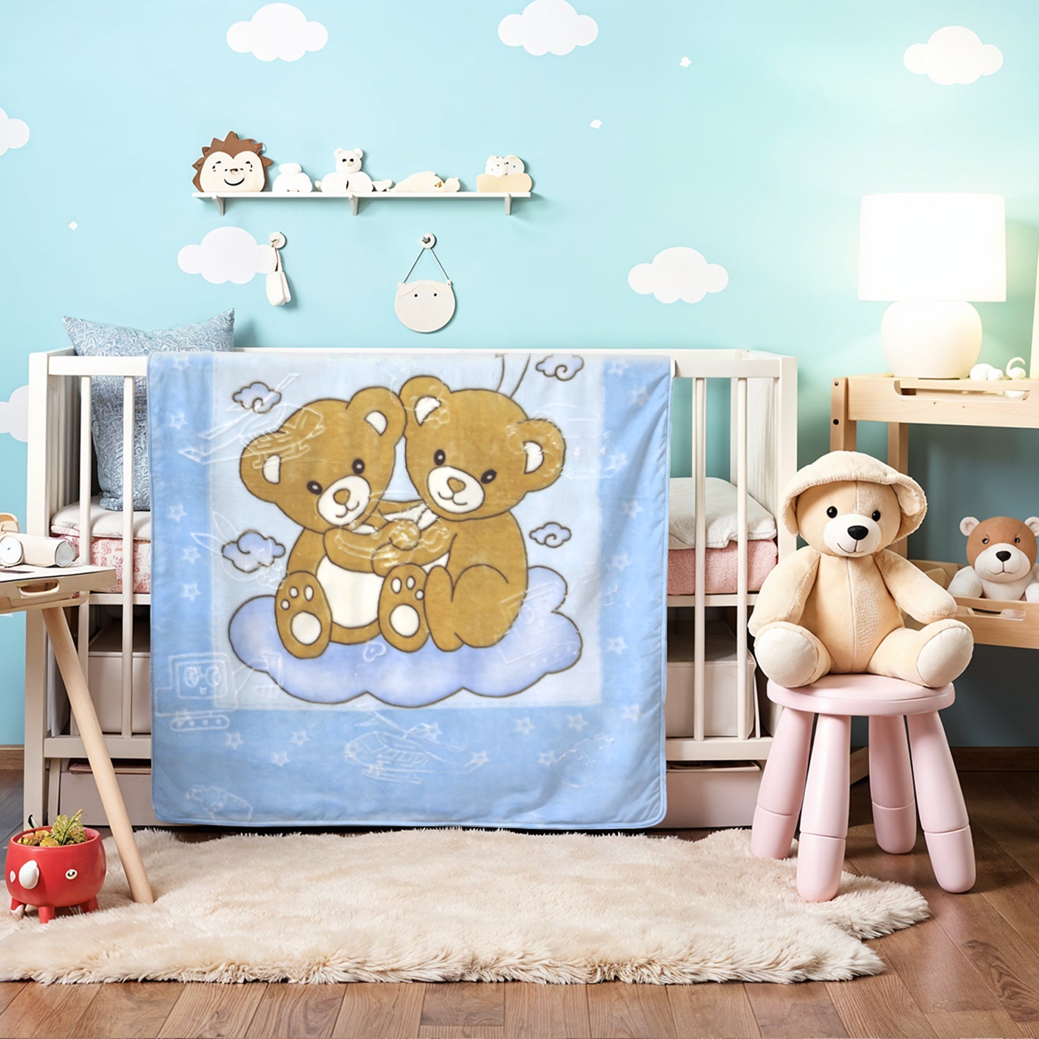 Ultra-Soft Bear Baby Blanket Lightweight & Cozy Plush with Embossed Designs, 140x110cm - Blue