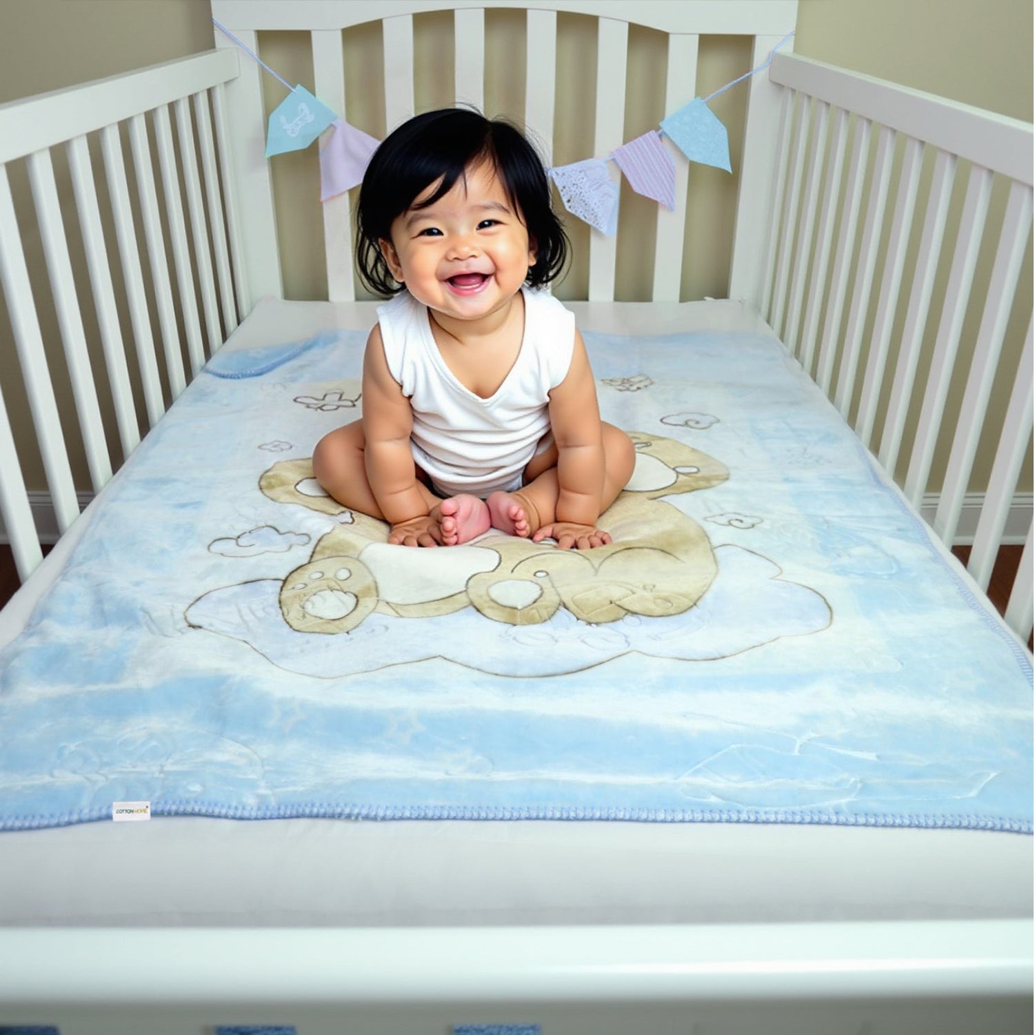 Ultra-Soft Bear Baby Blanket Lightweight & Cozy Plush with Embossed Designs, 140x110cm - Blue