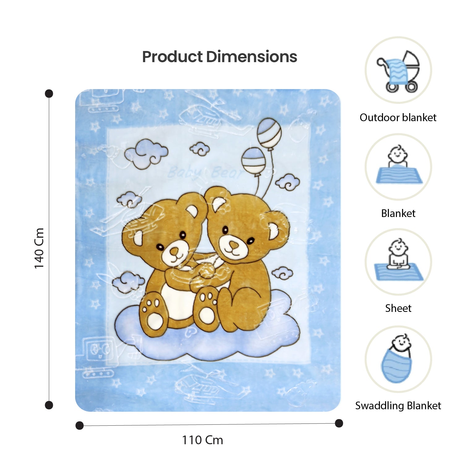 Ultra-Soft Bear Baby Blanket Lightweight & Cozy Plush with Embossed Designs, 140x110cm - Blue