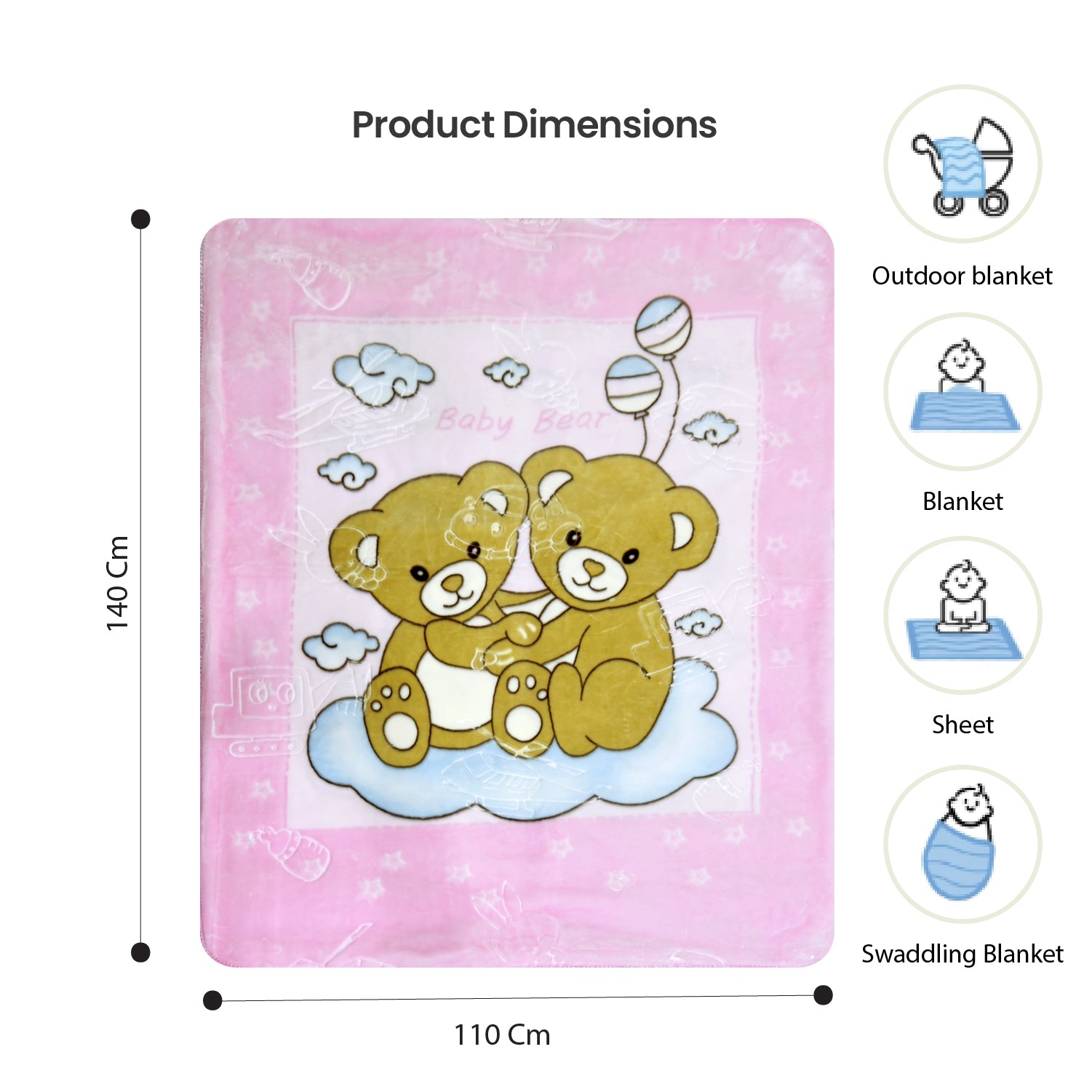 Ultra-Soft Bear Baby Blanket Lightweight & Cozy Plush with Embossed Designs, 140x110cm - Pink