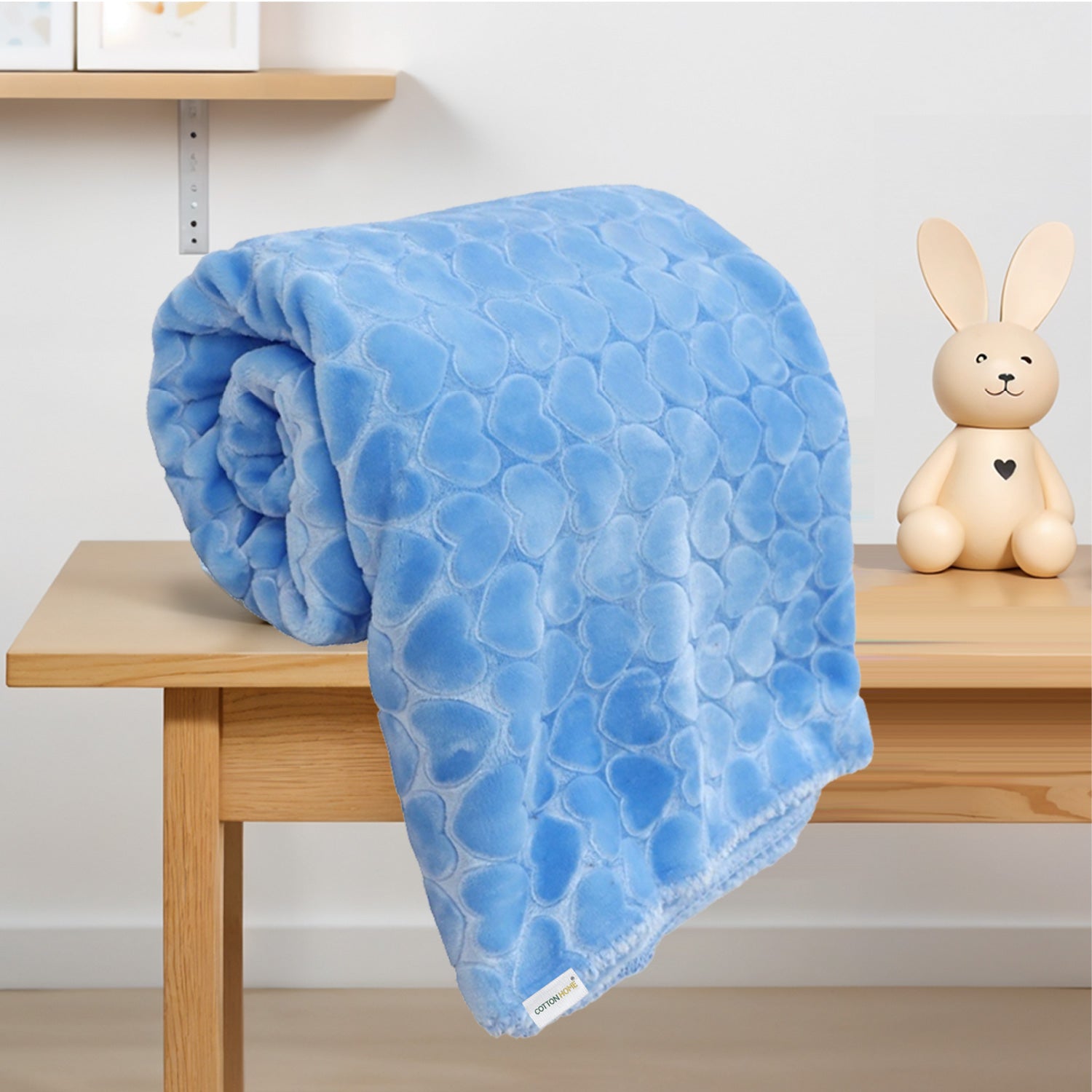 Premium Baby Blanket – Ultra Soft, Lightweight & Cozy Plush with Embossed Hearts, 140x110cm Blue