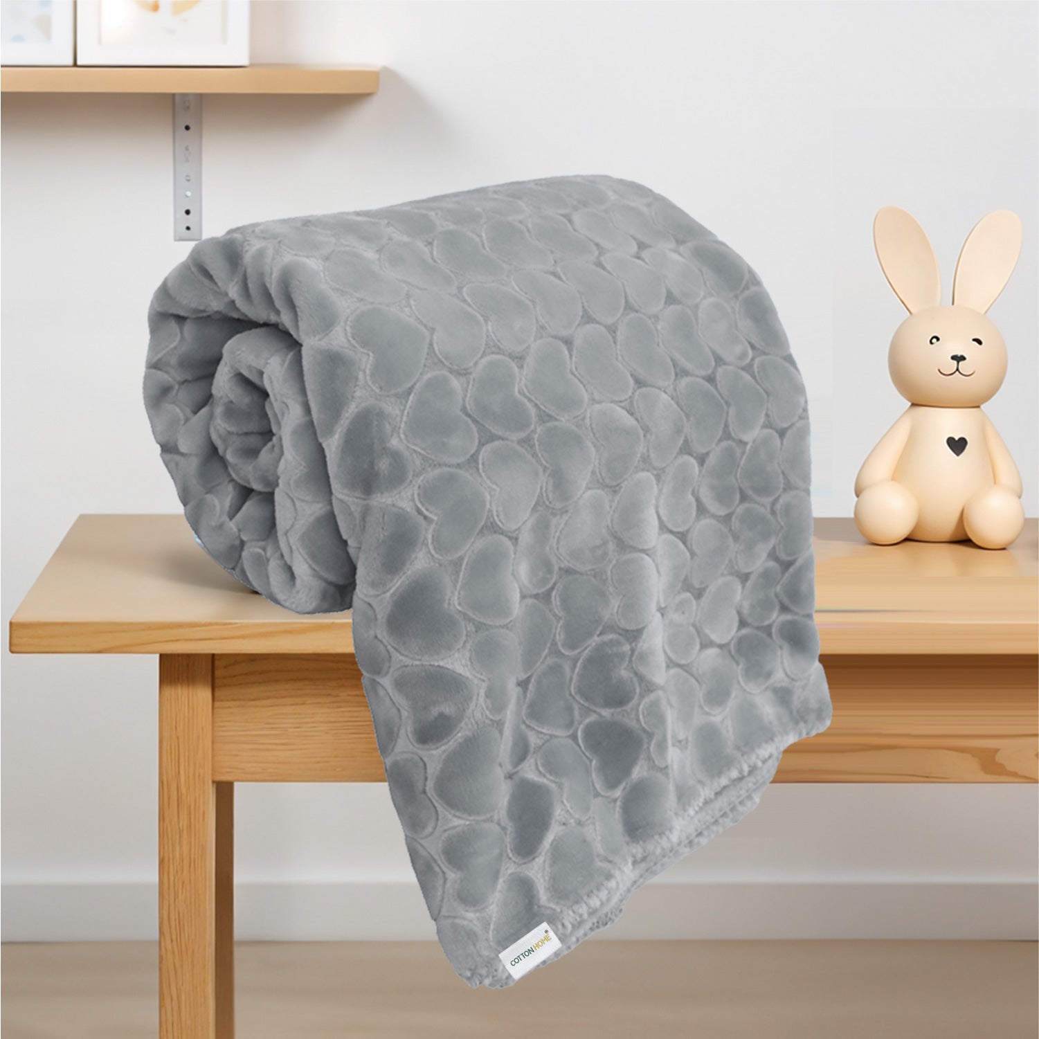 Premium Baby Blanket – Ultra Soft, Lightweight & Cozy Plush with Embossed Hearts, 140x110cm Grey