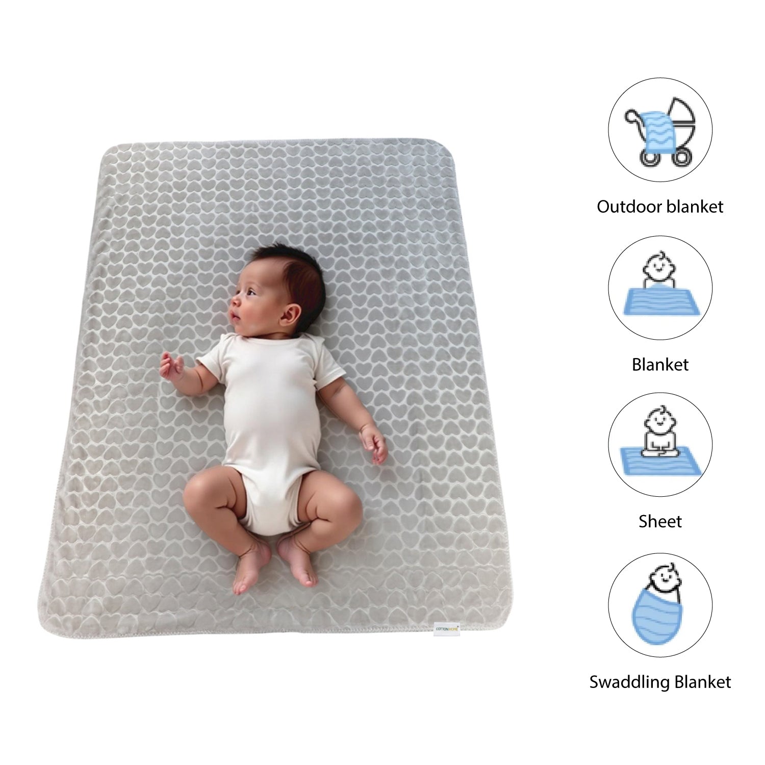 Premium Baby Blanket – Ultra Soft, Lightweight & Cozy Plush with Embossed Hearts, 140x110cm Grey