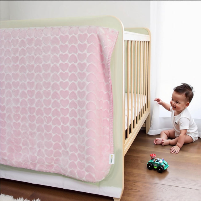 Premium Baby Blanket – Ultra Soft, Lightweight & Cozy Plush with Embossed Hearts, 140x110cm Pink