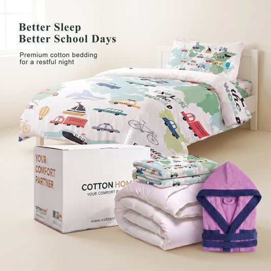 Back to School Essentials Premium Cotton Kids Bedding & Bathrobe Set Transport