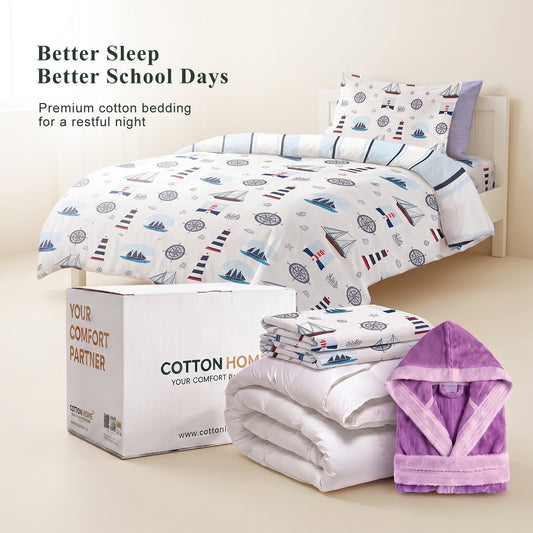 Back to School Essentials Premium Cotton Kids Bedding & Bathrobe Set Sailor