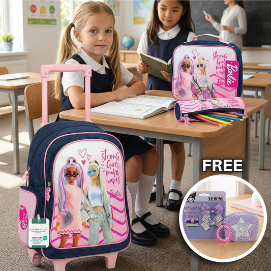 Barbie 3-Piece School Trolly Bag Set and Hair Accessories Bundle 22