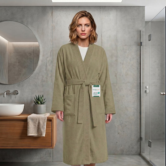 Plush Cotton Adult Bathrobe 100% Cotton Thick & Absorbent - Khaki