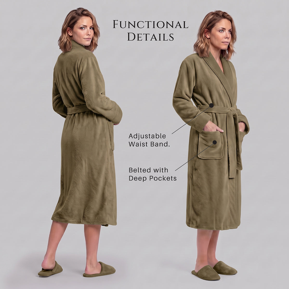Plush Cotton Adult Bathrobe 100% Cotton Thick & Absorbent - Khaki