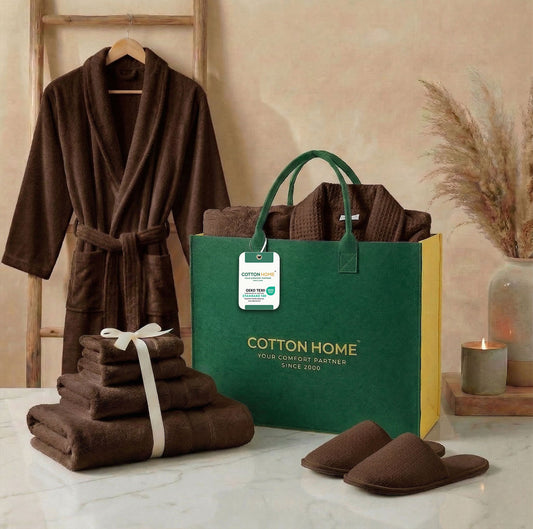 Luxury 7PC Egyptian Cotton Bath Bundle Set Brown – Bathrobe, Towels, Slippers