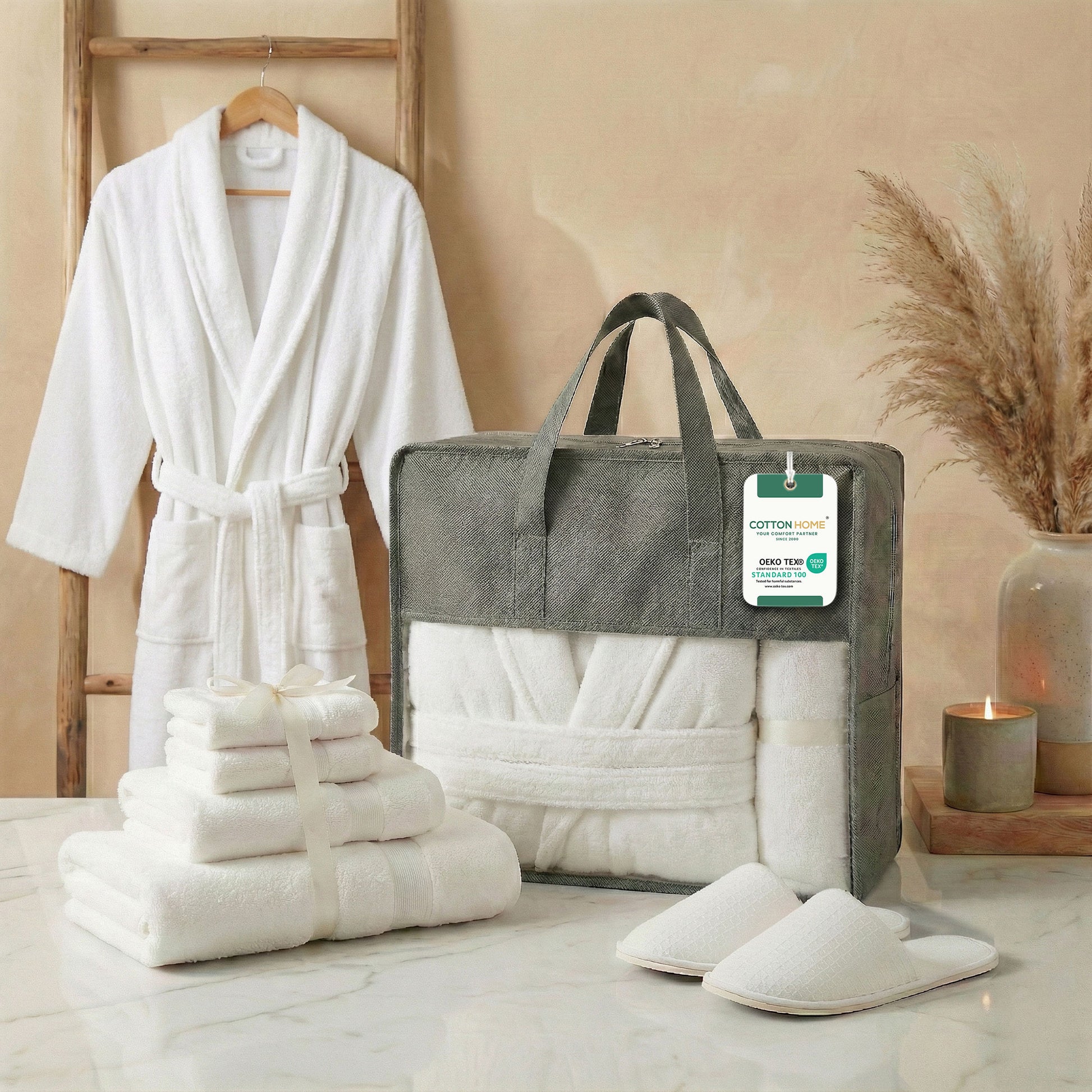 Luxury 7PC Egyptian Cotton Bath Bundle Set White – Bathrobe, Towels, Slippers