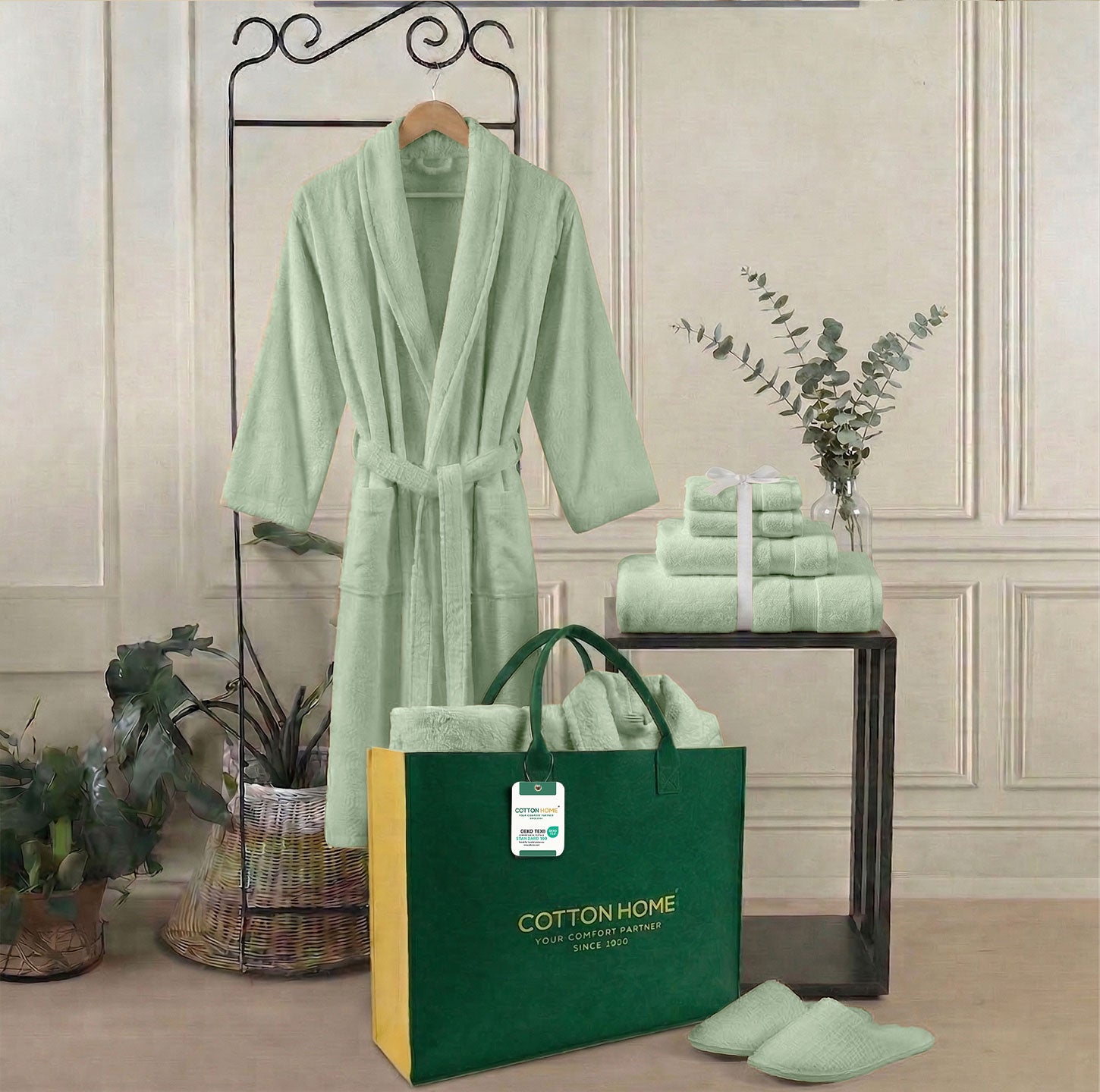 Luxury 7PC Egyptian Cotton Bath Bundle Set Mint Green – Bathrobe, Towels, Slippers