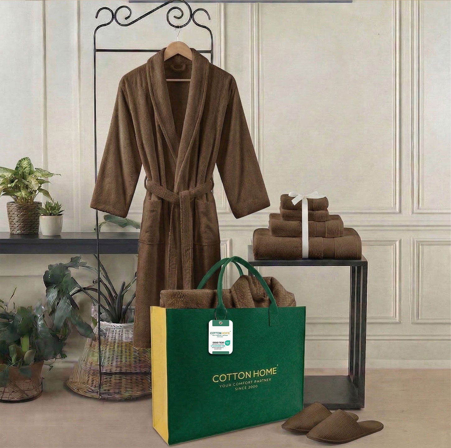 Luxury 7PC Egyptian Cotton Bath Bundle Set Brown – Bathrobe, Towels, Slippers