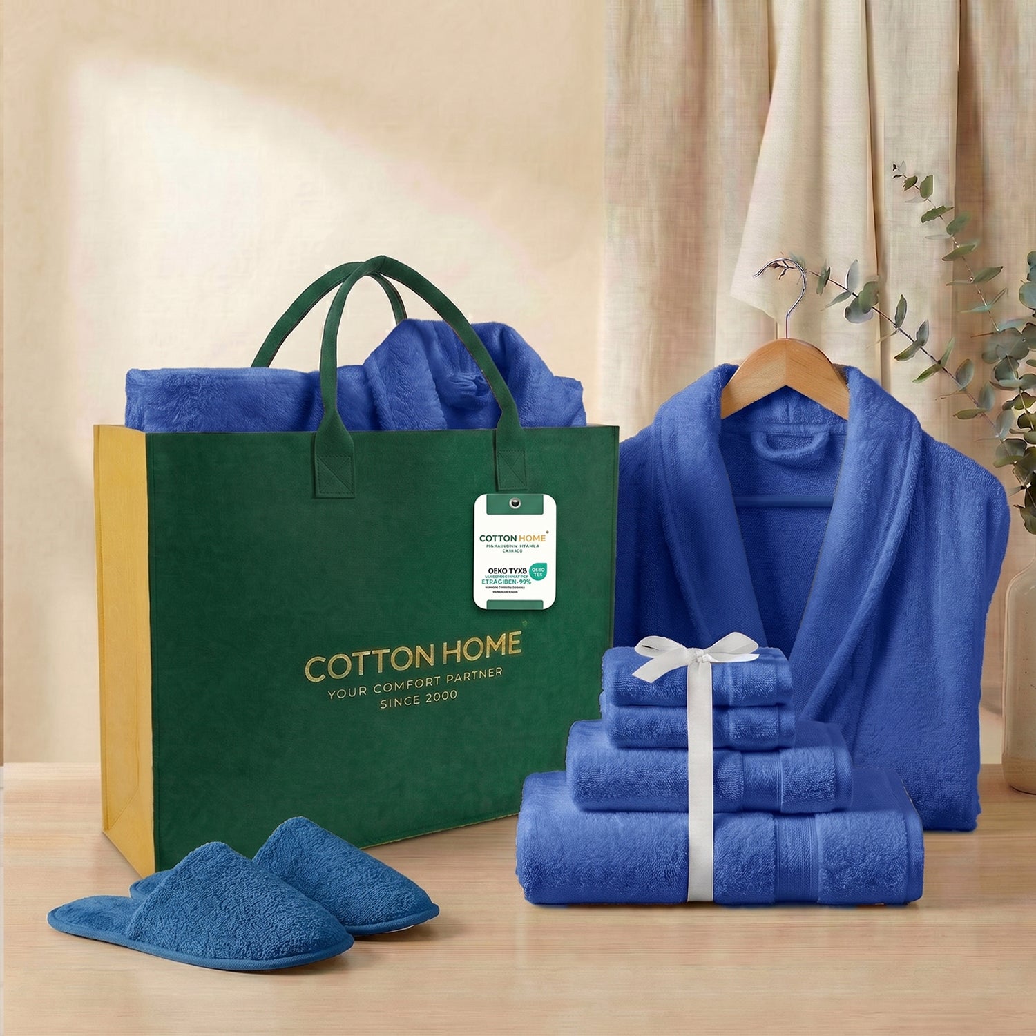 Luxury 7PC Egyptian Cotton Bath Bundle Set Royal Blue – Bathrobe, Towels, Slippers