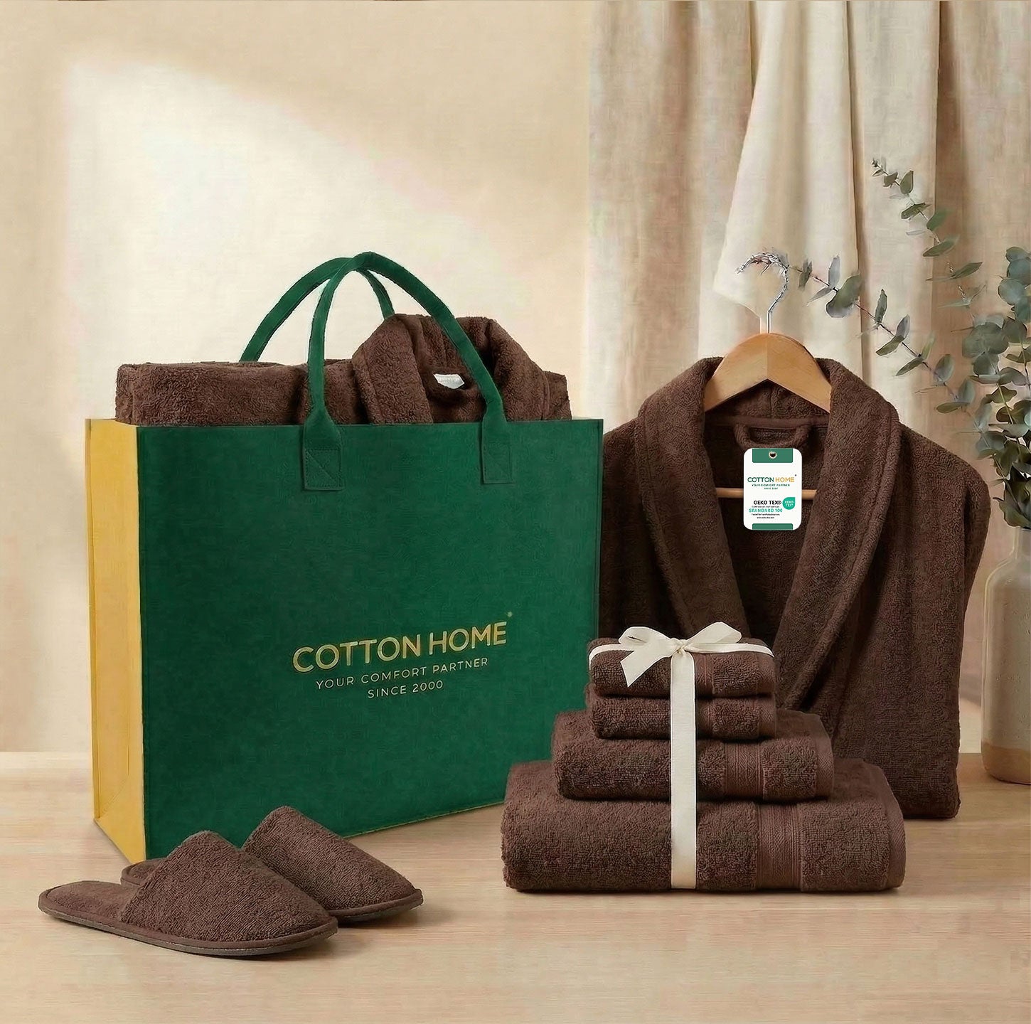 Luxury 7PC Egyptian Cotton Bath Bundle Set Brown – Bathrobe, Towels, Slippers