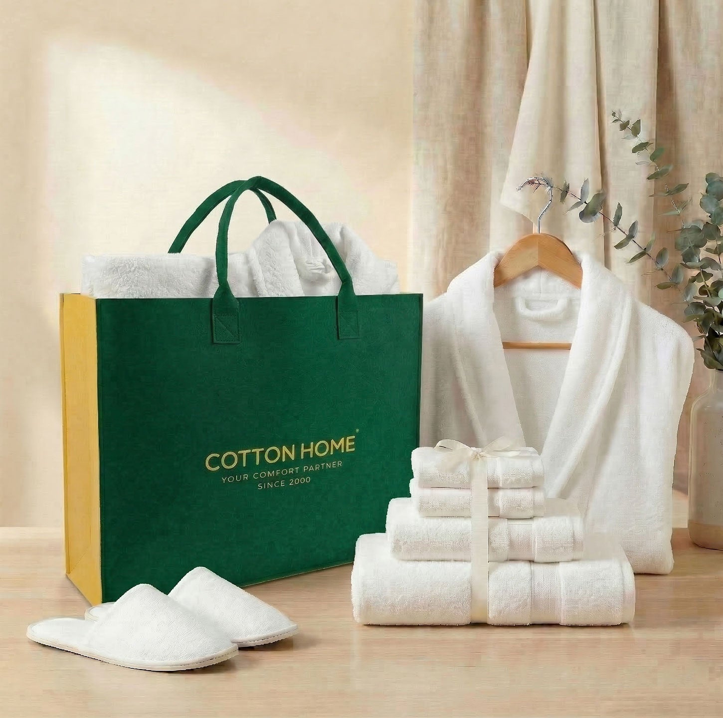 Luxury 7PC Egyptian Cotton Bath Bundle Set White – Bathrobe, Towels, Slippers