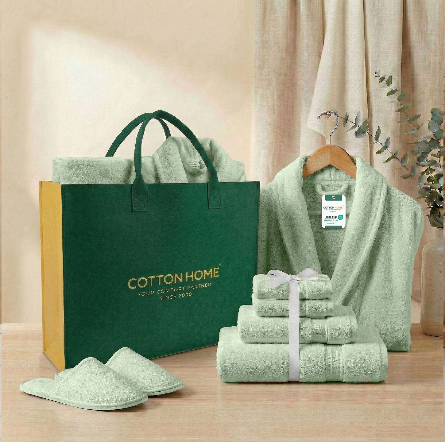 Luxury 7PC Egyptian Cotton Bath Bundle Set Mint Green – Bathrobe, Towels, Slippers