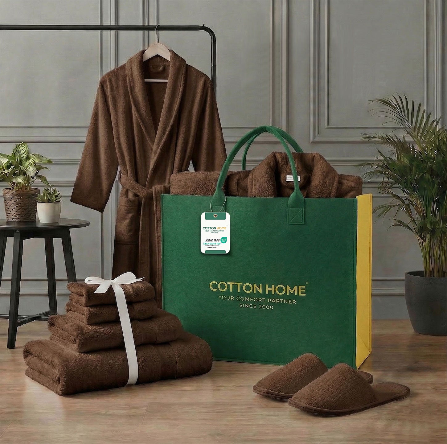 Luxury 7PC Egyptian Cotton Bath Bundle Set Brown – Bathrobe, Towels, Slippers