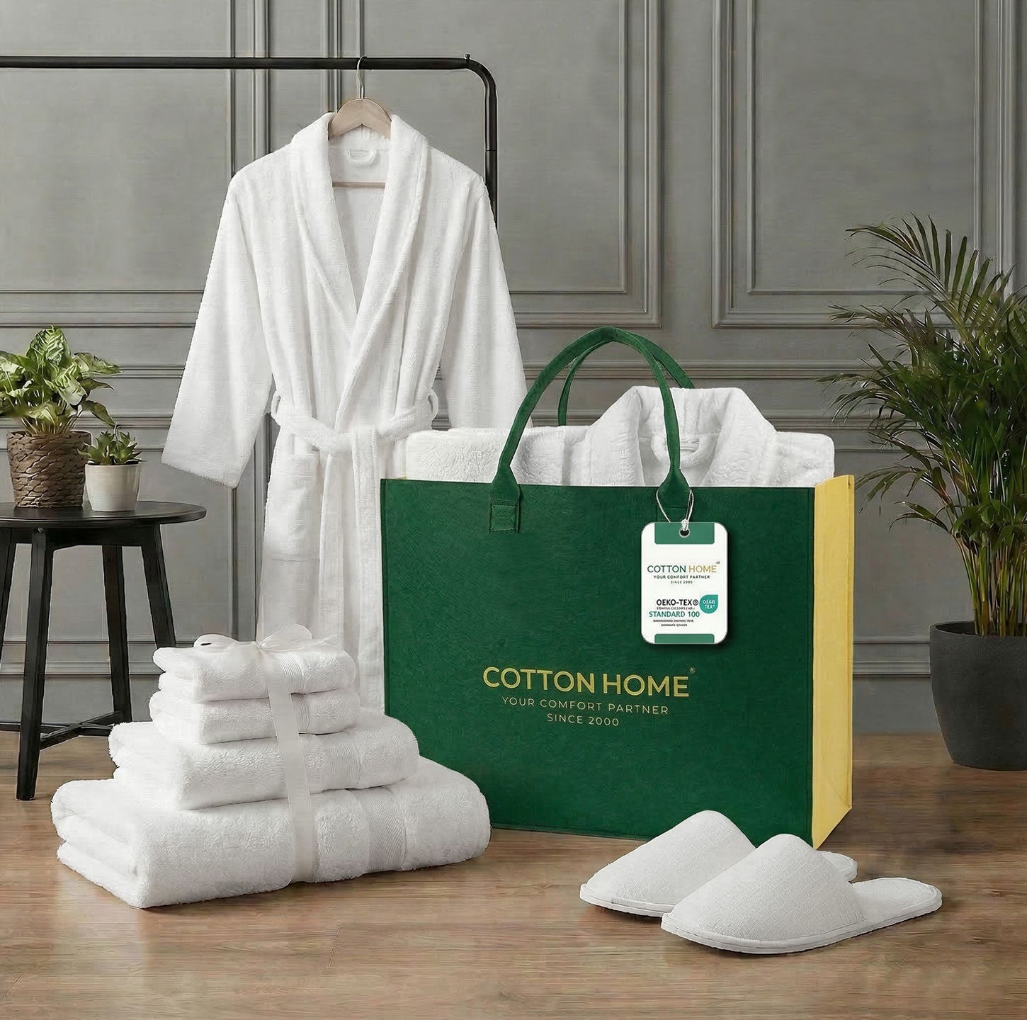 Luxury 7PC Egyptian Cotton Bath Bundle Set White – Bathrobe, Towels, Slippers