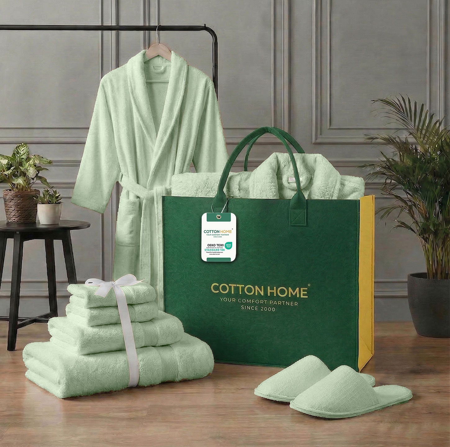 Luxury 7PC Egyptian Cotton Bath Bundle Set Mint Green – Bathrobe, Towels, Slippers