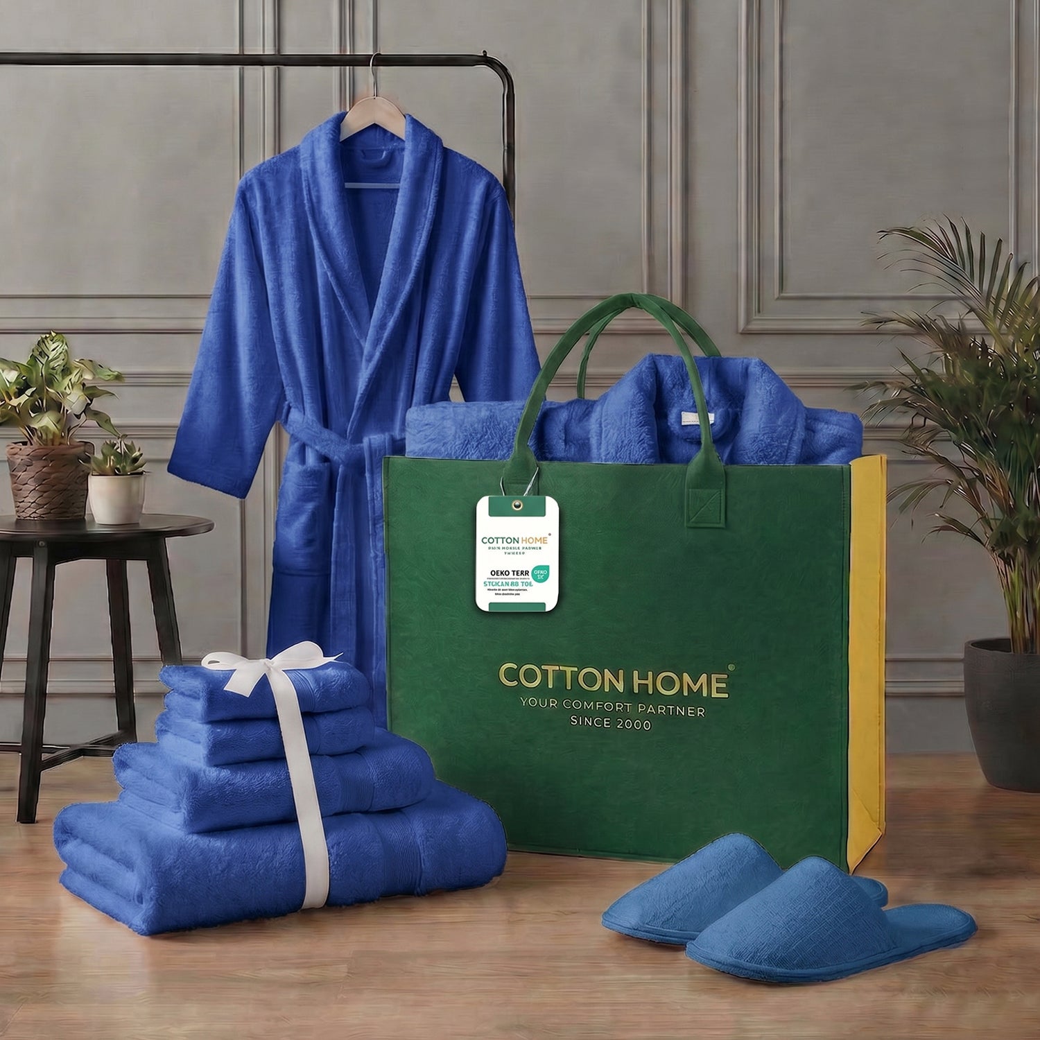Luxury 7PC Egyptian Cotton Bath Bundle Set Royal Blue – Bathrobe, Towels, Slippers