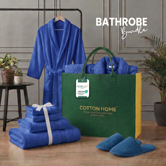 Luxury 7PC Egyptian Cotton Bath Bundle Set Royal Blue – Bathrobe, Towels, Slippers