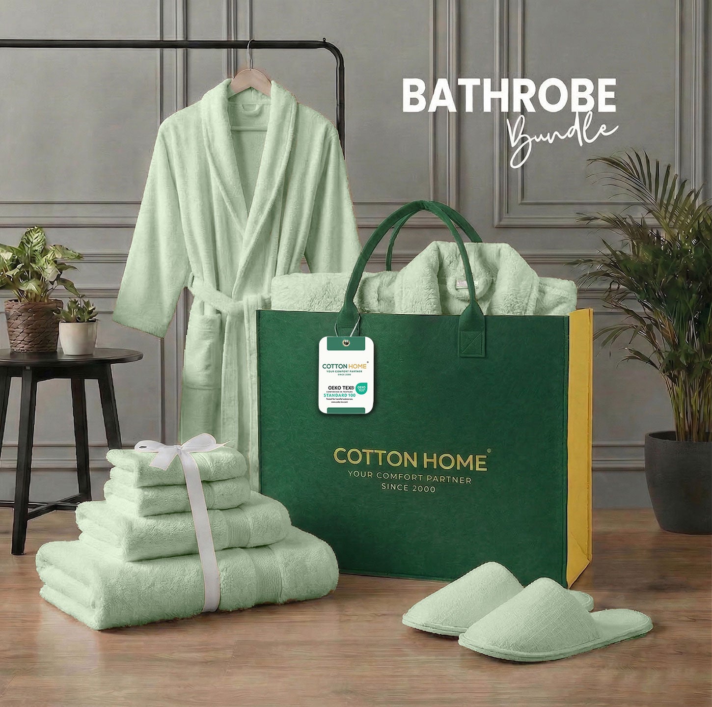 Luxury 7PC Egyptian Cotton Bath Bundle Set Mint Green – Bathrobe, Towels, Slippers