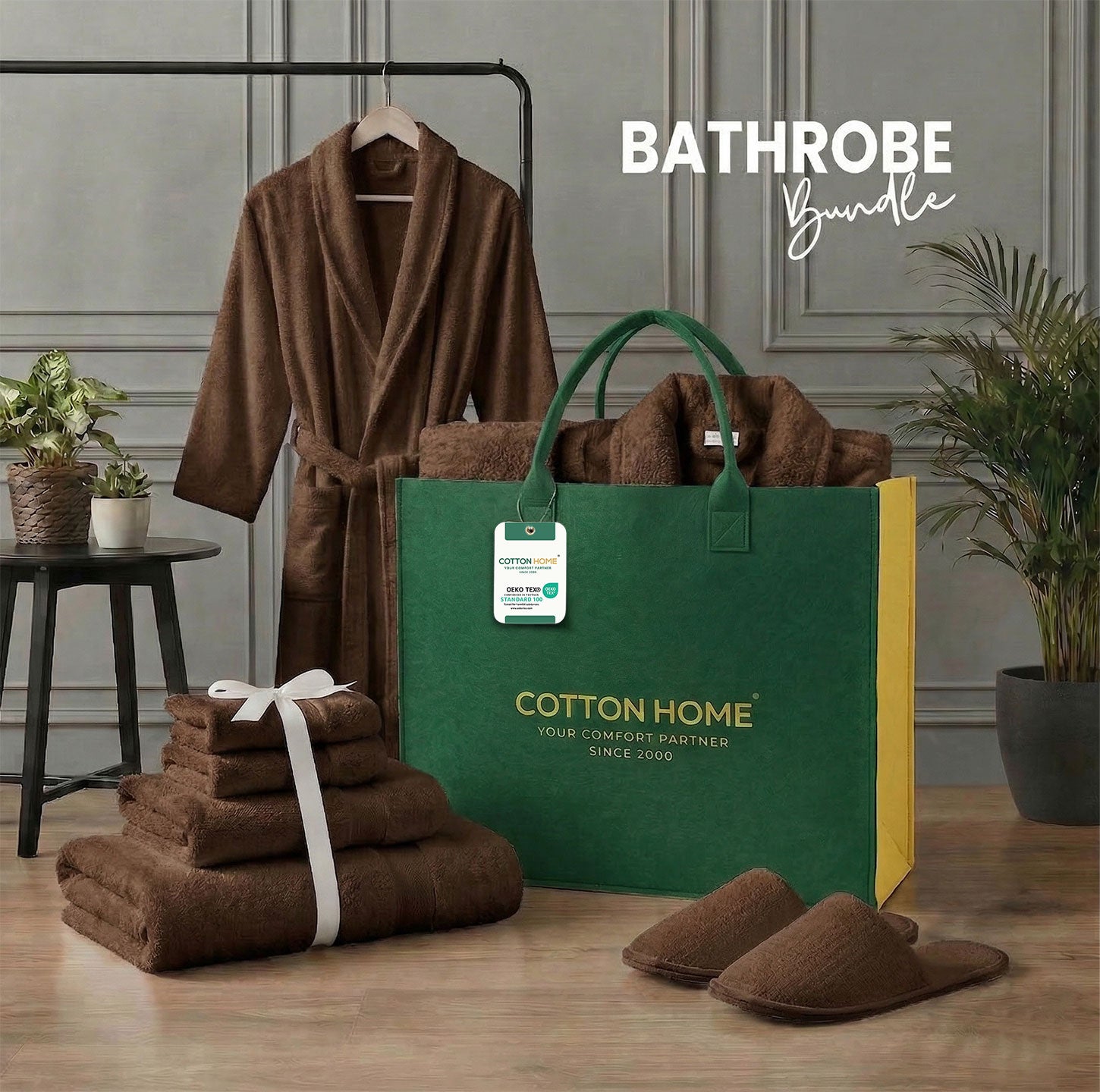 Luxury 7PC Egyptian Cotton Bath Bundle Set Brown – Bathrobe, Towels, Slippers