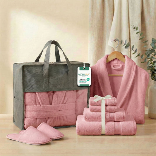 Luxury 7PC Egyptian Cotton Bath Bundle Set Dusty Pink – Bathrobe, Towels, Slippers