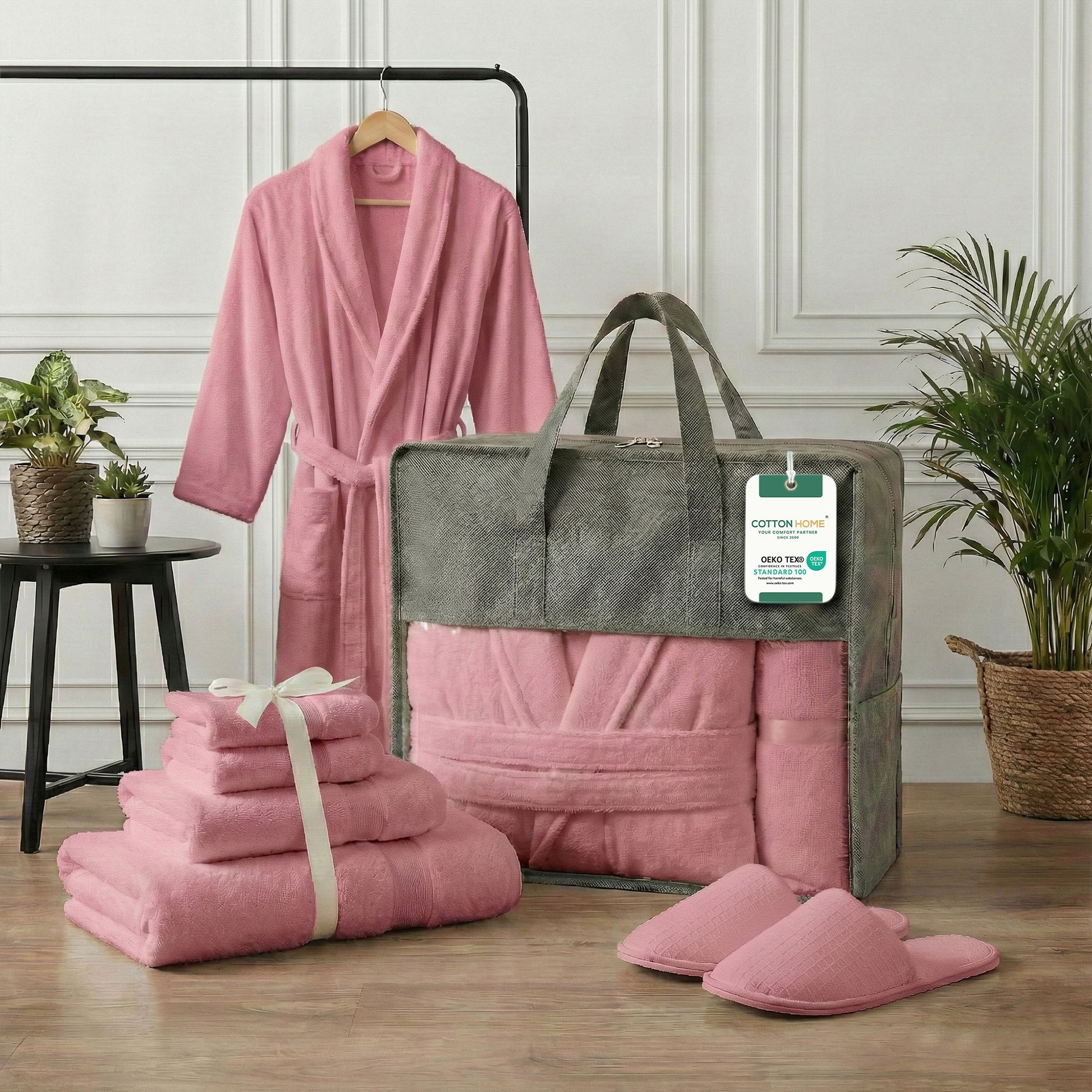 Luxury 7PC Egyptian Cotton Bath Bundle Set Dusty Pink – Bathrobe, Towels, Slippers