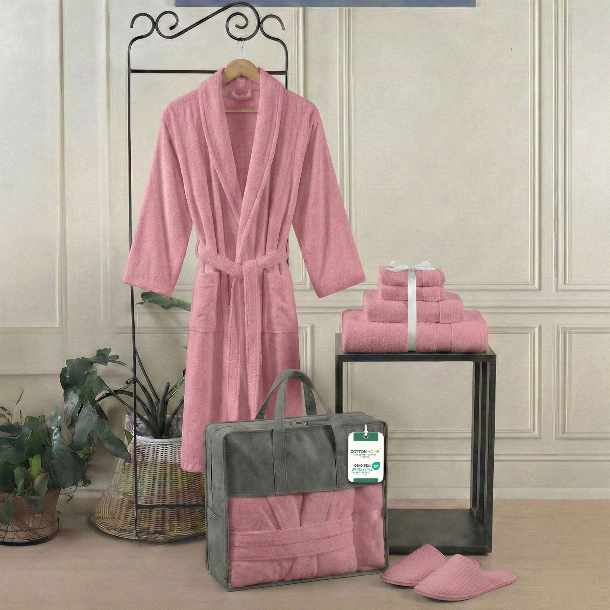 Luxury 7PC Egyptian Cotton Bath Bundle Set Dusty Pink – Bathrobe, Towels, Slippers