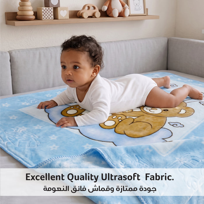 Ultra-Soft Bear Baby Blanket Lightweight & Cozy Plush with Embossed Designs, 140x110cm - Blue