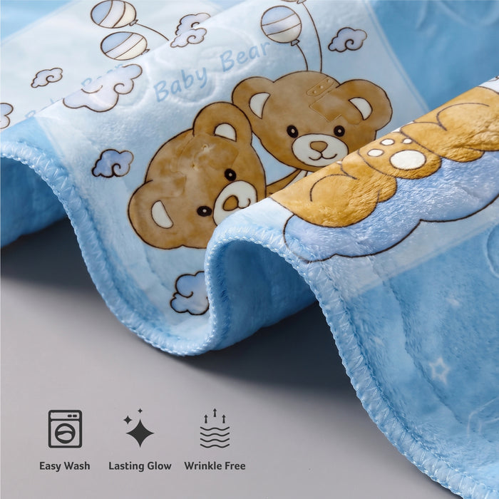 Ultra-Soft Bear Baby Blanket Lightweight & Cozy Plush with Embossed Designs, 140x110cm - Blue