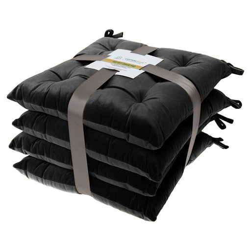 Velvet Slip Free Tufted  Chair Cushion Black 40x40cm - Pack of 4 - Cotton Home