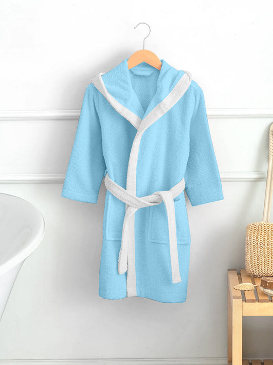 Panda Embroidered Kids Bathrobe with Hood and Tie Up Belt - Aqua - Cotton Home