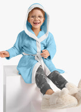 Panda Embroidered Kids Bathrobe with Hood and Tie Up Belt - Aqua - Cotton Home