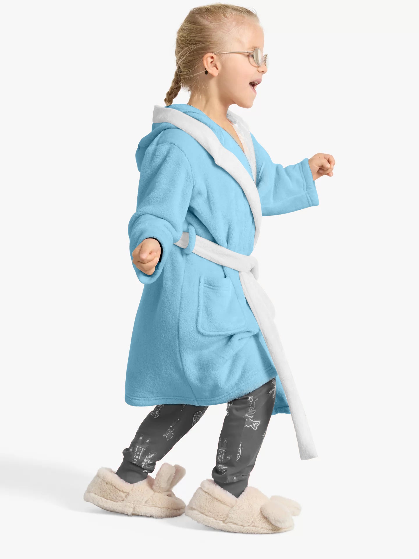 Panda Embroidered Kids Bathrobe with Hood and Tie Up Belt - Aqua - Cotton Home