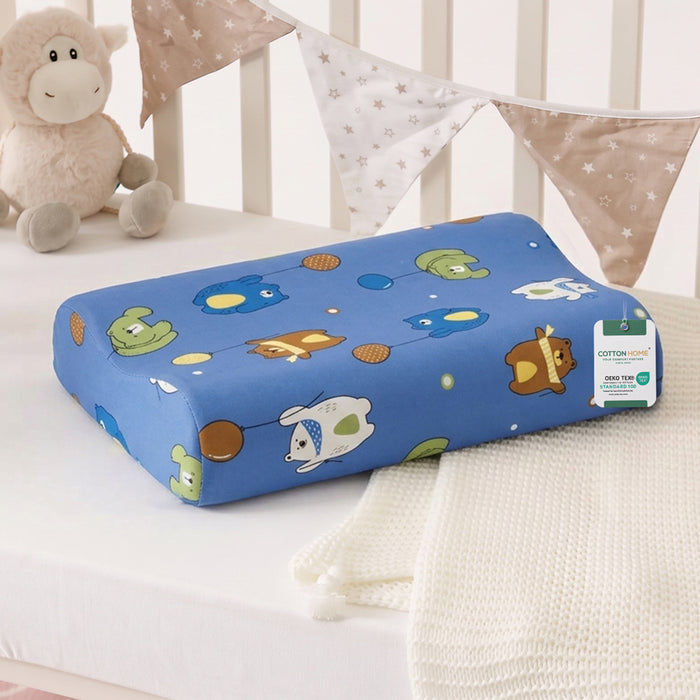 Snoozie Kids Contour Memory Foam Pillow 26x38 cm, Ergonomic Pillow for Children, Removable Cover Blue Bear