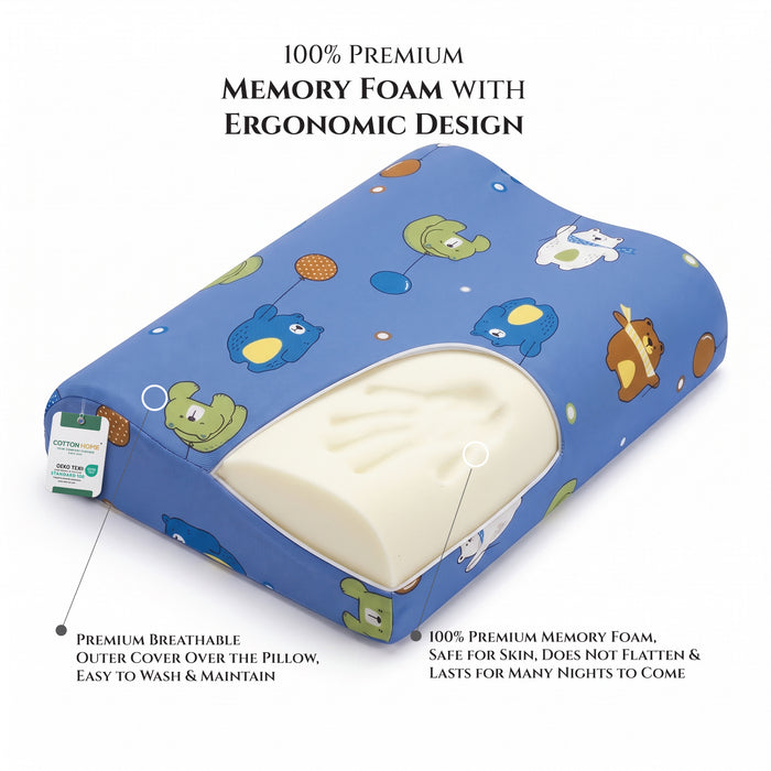 Kids Contour Memory Foam Pillows - Blue Bear (26x38cm)
