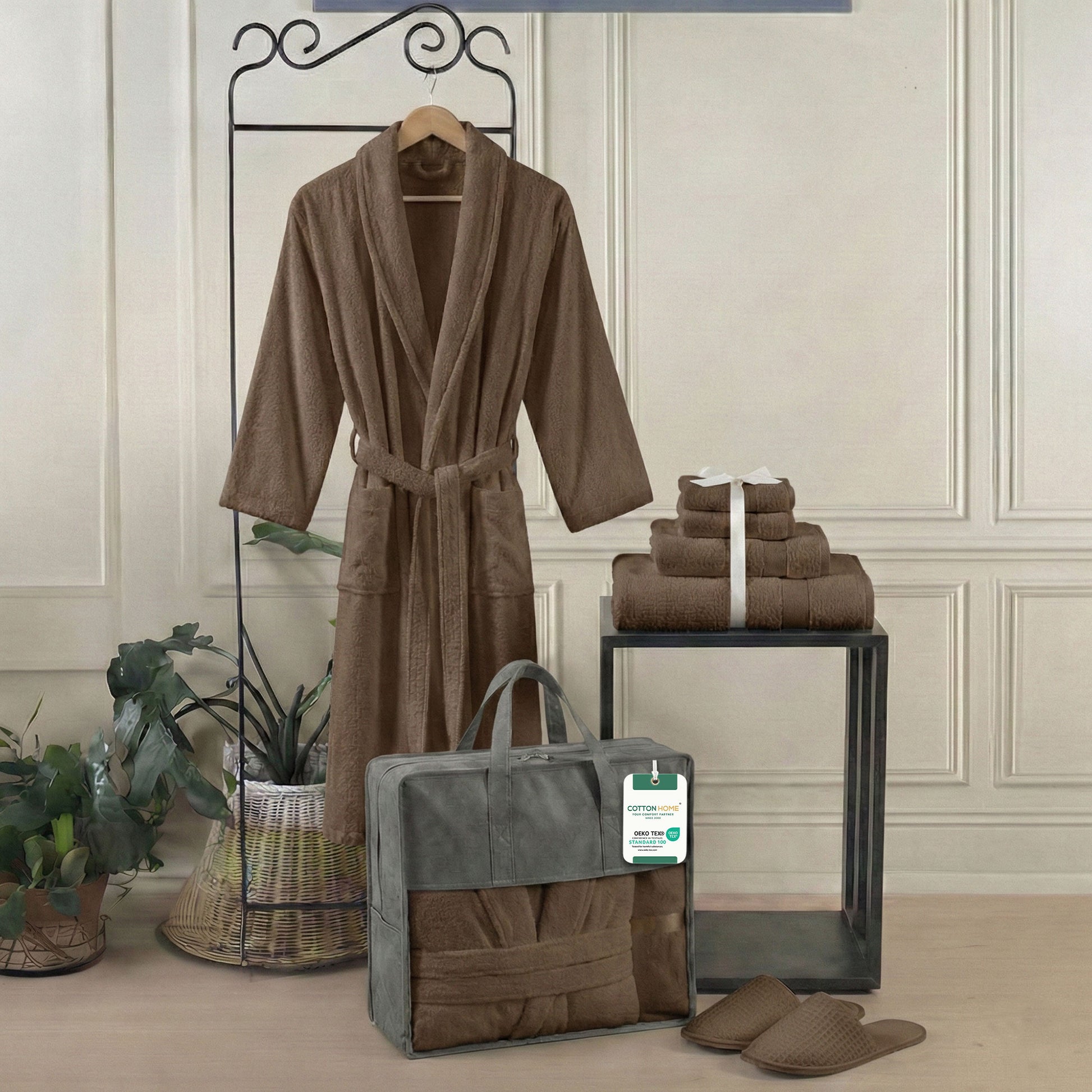 Luxury 7PC Egyptian Cotton Bath Bundle Set Brown – Bathrobe, Towels, Slippers